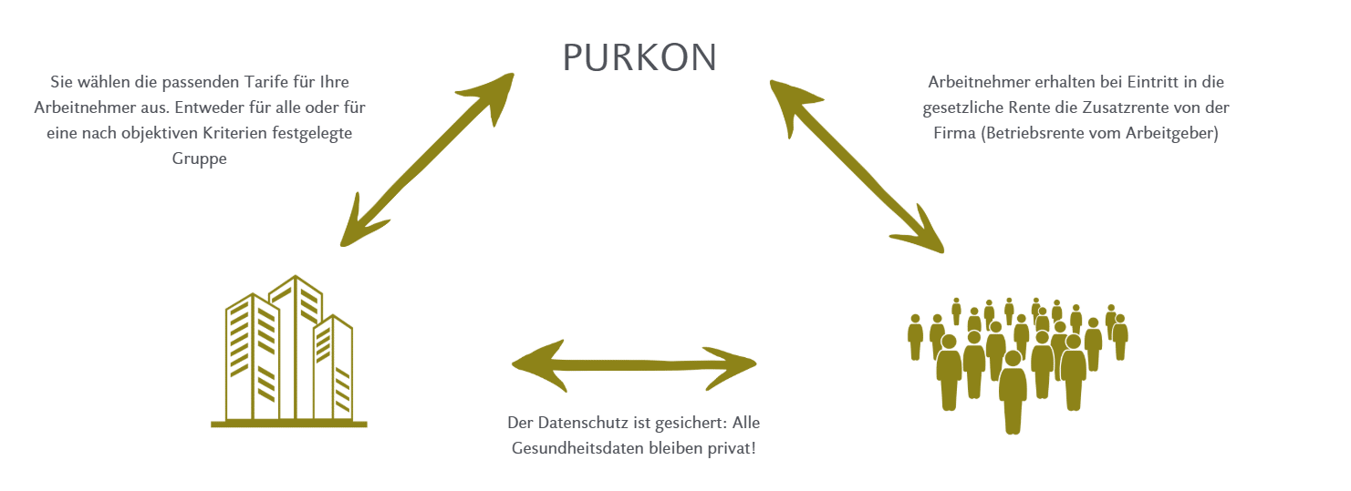 Drei goldene Pfeile bilden ein Dreieck, das Symbole verbindet: Gebäude (links), eine Gruppe von Menschen (rechts) und zwei Pfeile (unten). Unter dem Titel PURKON finden sich Texte zu den Themen Altersvorsorge, Betriebliche Krankenversicherung, Datenschutz und betriebliche Leistungen.